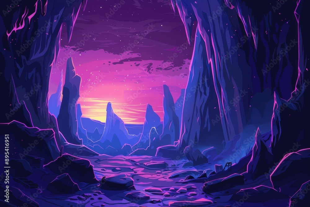 Obraz premium Mysterious alien planet landscape with glowing rocks and starry sky