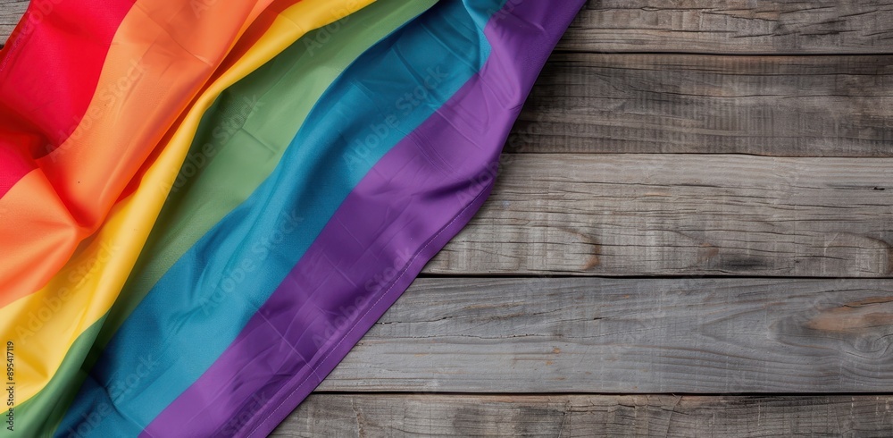 A rainbow flag is on a wooden surface A rainbow flag is on a wooden surface