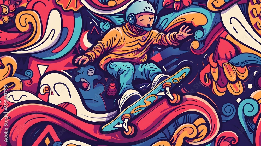 Monkey with a skateboard on a background of palm trees, vector illustration, print for clothes, t-shirts. Skateboarding illustration. Monkey with a skateboard on a background of palm trees, vector illustration, print for clothes, t-shirts. Skateboarding illustration.