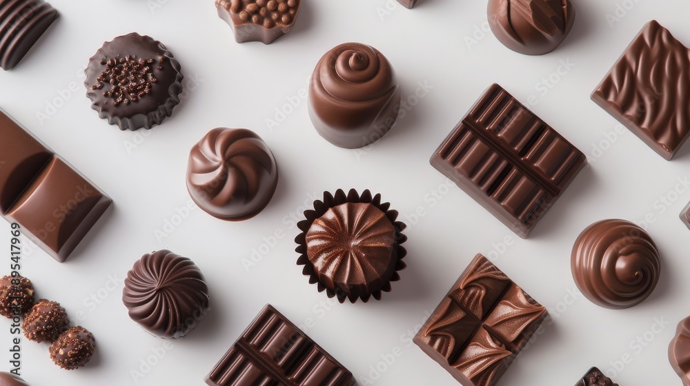 Assorted gourmet chocolates arranged on a white surface, showcasing various shapes, textures, and patterns. Indulgent and elegant sweets. Assorted gourmet chocolates arranged on a white surface, showcasing various shapes, textures, and patterns. Indulgent and elegant sweets.