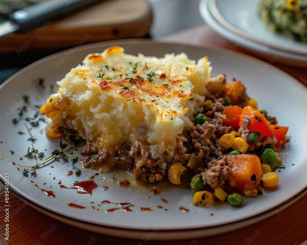 Delicious shepherd's pie with ground meat, vegetables, and mashed potatoes served on a white plate, perfect for a hearty meal.