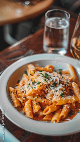 Delicious pasta with rich tomato sauce and fresh basil leaves, served in a cozy restaurant with a glass of water. Perfect gourmet meal.