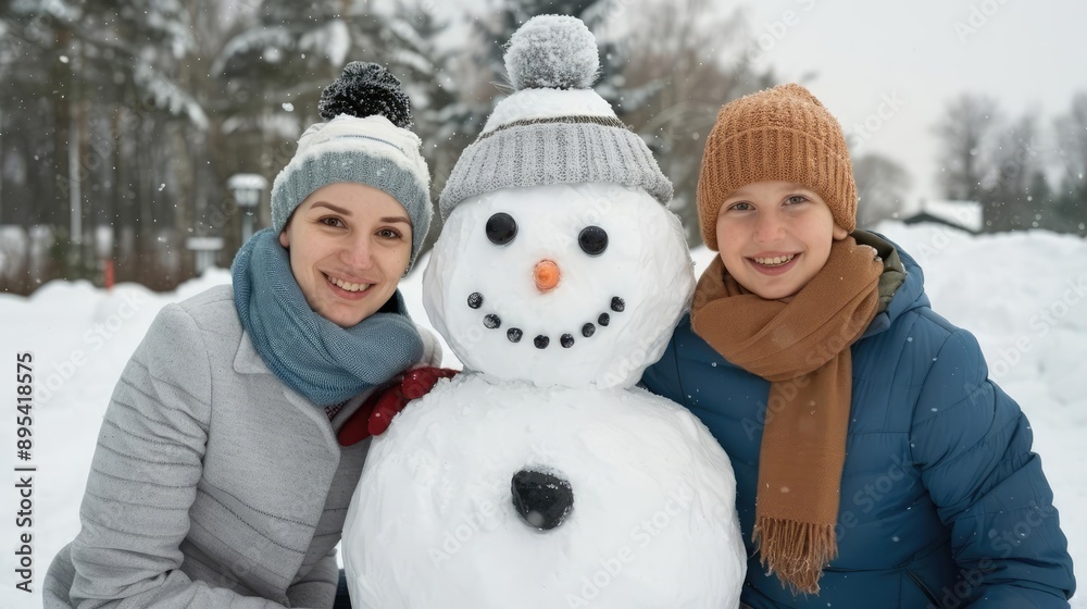 A family posing with their freshly made snowman, celebrating midwinter joyfully in the crisp, cold air of deep winter A family posing with their freshly made snowman, celebrating midwinter joyfully in the crisp, cold air of deep winter