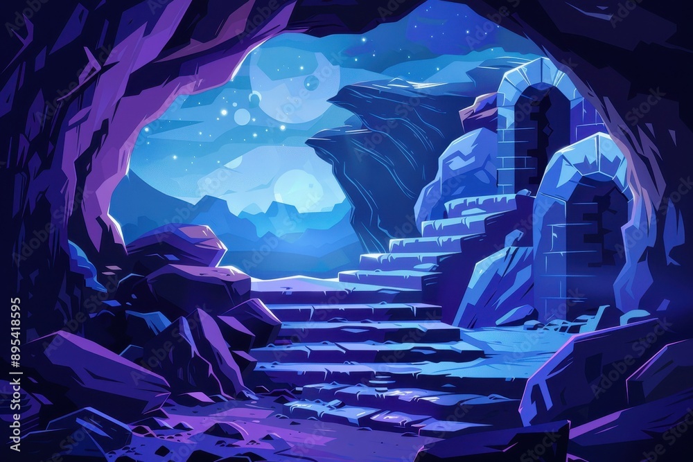 Obraz premium Mysterious cavern with glowing mushrooms and ancient ruins under starry night sky