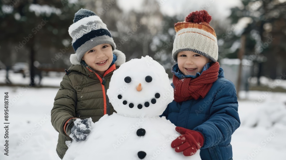 Children building a snowman in a snow-covered park, capturing the joy and tradition of midwinter in the heart of deep winter