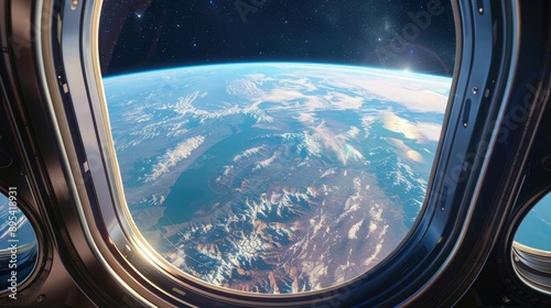 Fototapeta Naklejka Na Ścianę i Meble -  Stunning view of Earth from a spacecraft window, showcasing the planet's beauty with lush landscapes and glowing atmosphere.