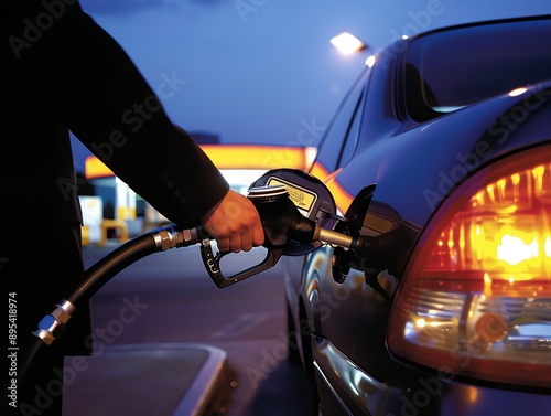 A person hand pumping gasoline fuel or fueling car at gas station. Fuel station service fill energy