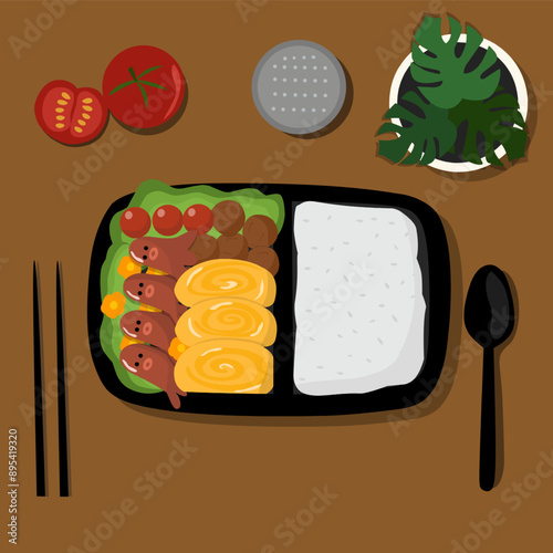 set of food Lunch box or bento box including egg roll, meat ball, sausage, tomato and carrot vector illustration 