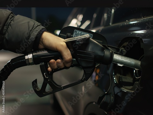 A person hand pumping gasoline fuel or fueling car at gas station. Fuel station service fill energy photo