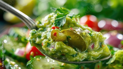 Heaped spoon of pickle guacamole over a salad, healthy topping, meal idea
