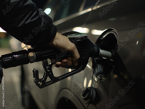 A person hand pumping gasoline fuel or fueling car at gas station. Fuel station service fill energy