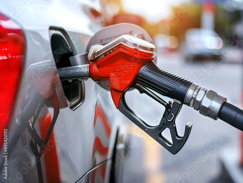 A person hand pumping gasoline fuel or fueling car at gas station. Fuel station service fill energy