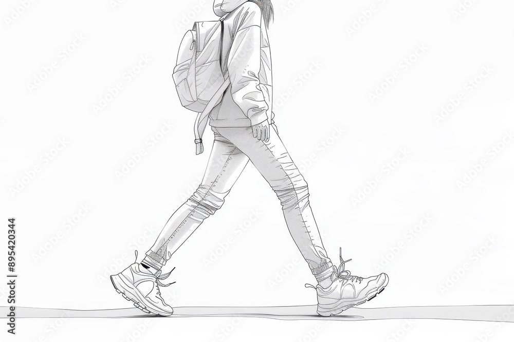 Emphasizes the movement and energy of a person carrying a gym bag through a minimalist line art drawing.