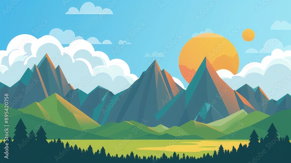 Naklejka premium Flat minimalistic design. Panorama of a mountain landscape.