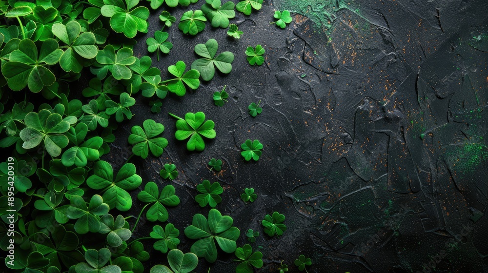 Green shamrock background for St. Patrick's Day pub party, widescreen clovers on black with copy space Green shamrock background for St. Patrick's Day pub party, widescreen clovers on black with copy space