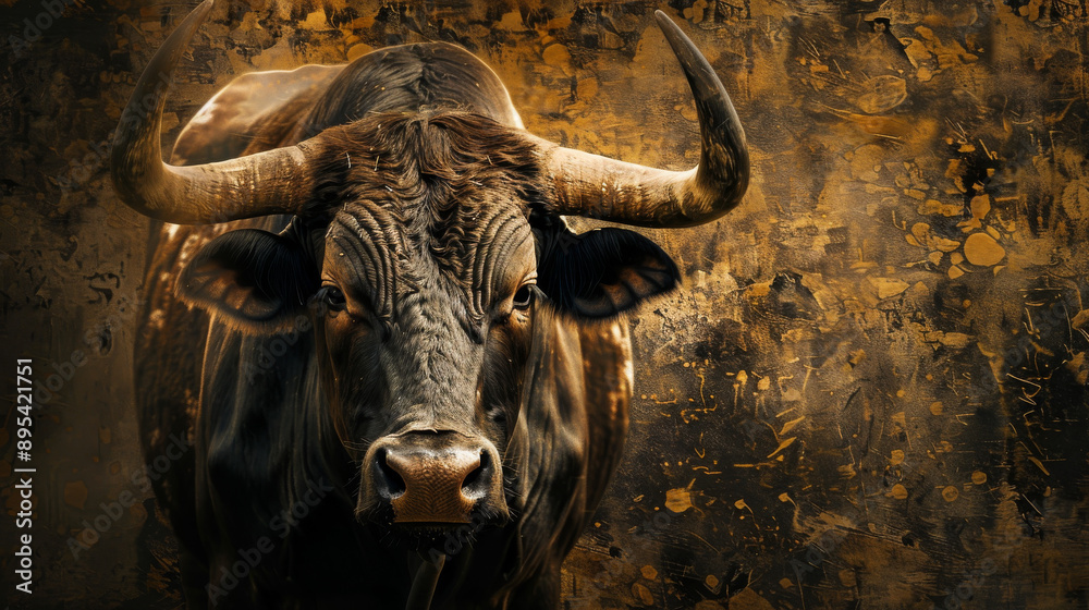 Naklejka premium A bull as a symbol of strength and resilience, with muscular features highlighted, evoking the image of a powerful and determined creature.