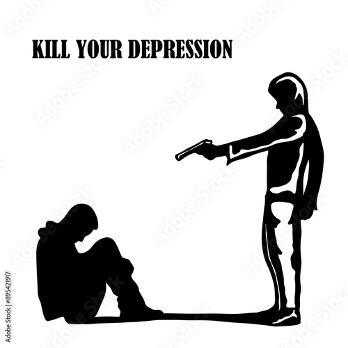 Image of a person shooting his own shadow suggests that he is trying to get rid of his own depression. Kill your depression, Vector image. perfect for image Quotes and Motivation image. Illustration.