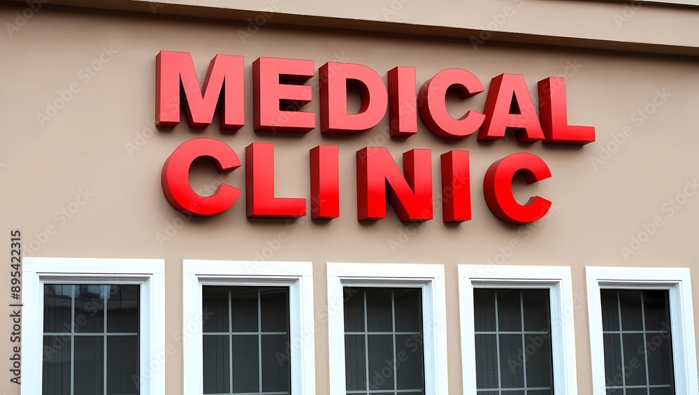Facade of Medical Clinic with Prominent Red Sign and Windows
Facade of Medical Clinic with Prominent Red Sign and Windows