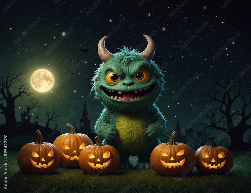 Fototapeta premium Halloween themes, witches, pumpkins, monsters, robots, with half moon and full moon, night scare/