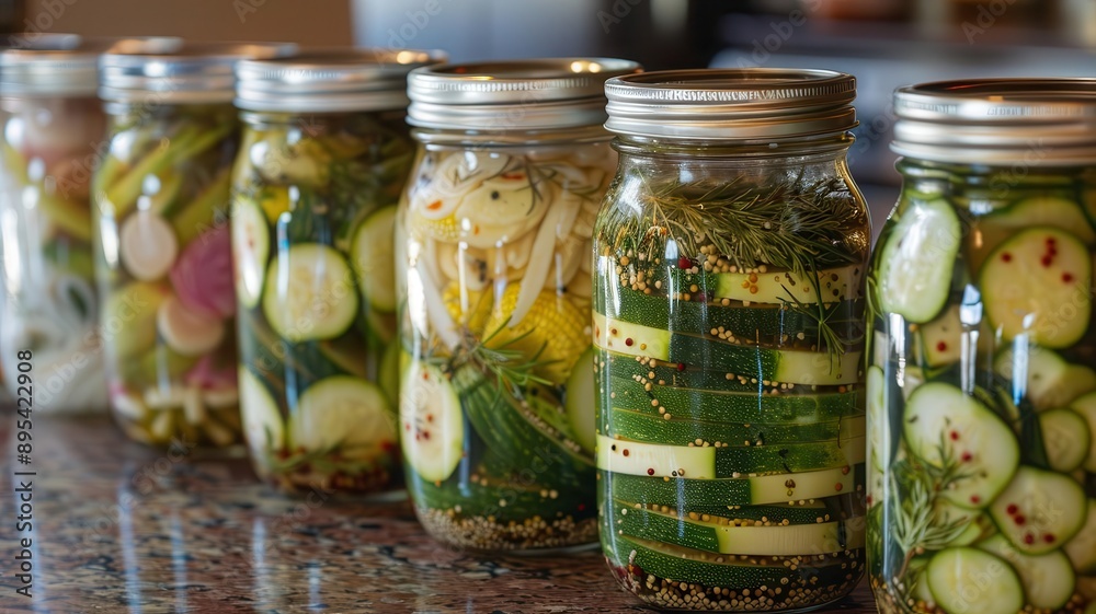 Zucchini pickles with a variety of spices and herbs, colorful arrangement, preserving bounty Zucchini pickles with a variety of spices and herbs, colorful arrangement, preserving bounty