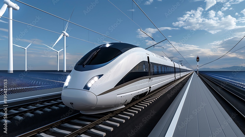 A breathtaking vista of a high-speed maglev train gliding effortlessly across a landscape dotted with wind turbines and solar panels, all optimized by AI for sustainable energy production - ar 16:9 A breathtaking vista of a high-speed maglev train gliding effortlessly across a landscape dotted with wind turbines and solar panels, all optimized by AI for sustainable energy production - ar 16:9