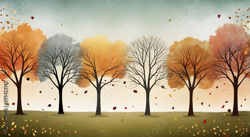 An artistic illustration depicting the transition of seasons with elements of spring, summer, autumn, and winter blended together, with space for text. photo