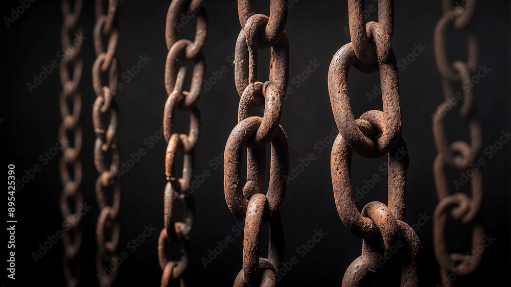 rusted chains hanging against a dark background. The rust should be detailed and textured, with flakes and layers showing the passage of time