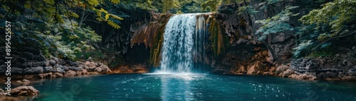 Serene Waterfall Cascading into a Pristine Pool Surrounded by Lush Greenery in a Tranquil Forest Setting