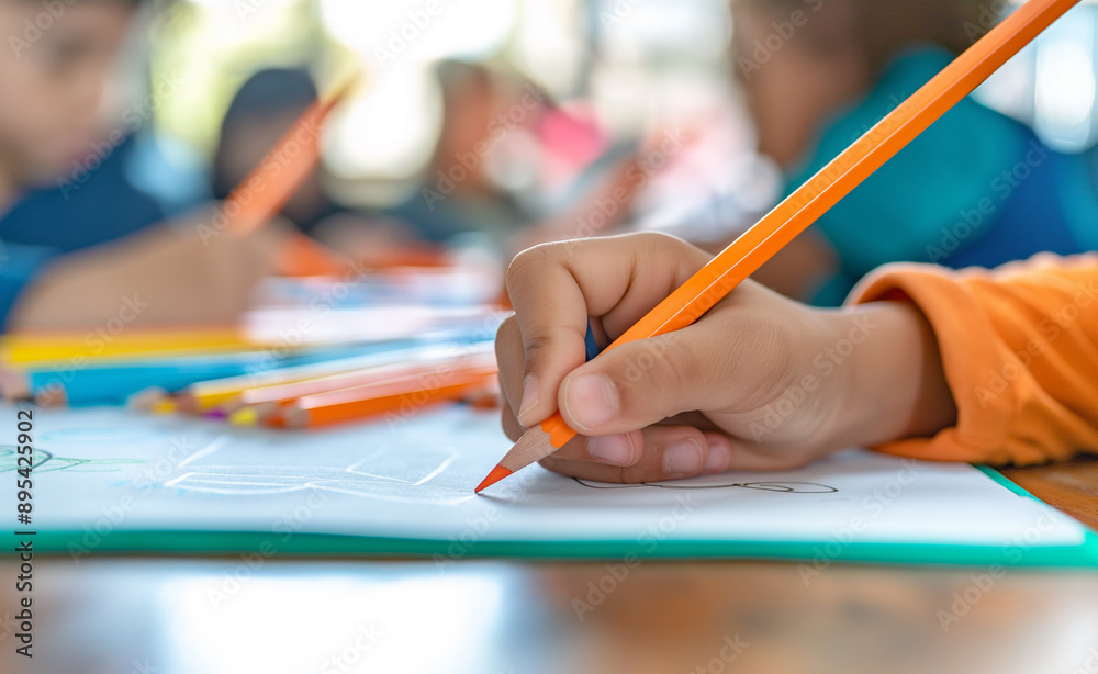 A child’s hand holding an orange pencil, coloring on a sheet of paper, with blurred classmates in the background.
A child’s hand holding an orange pencil, coloring on a sheet of paper, with blurred classmates in the background.