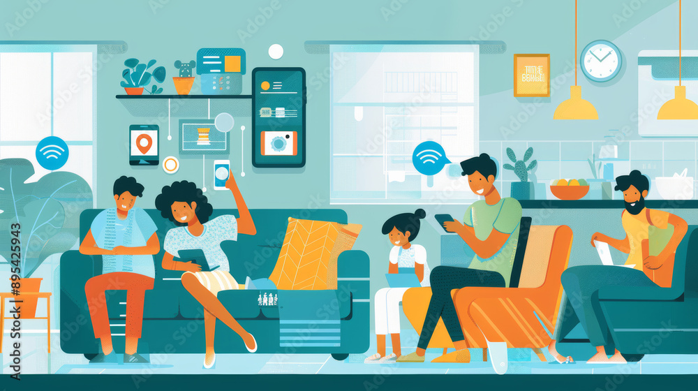 A family enjoying the benefits of smart home technology, with parents working or relaxing while children learn or play using educational and entertainment apps A family enjoying the benefits of smart home technology, with parents working or relaxing while children learn or play using educational and entertainment apps