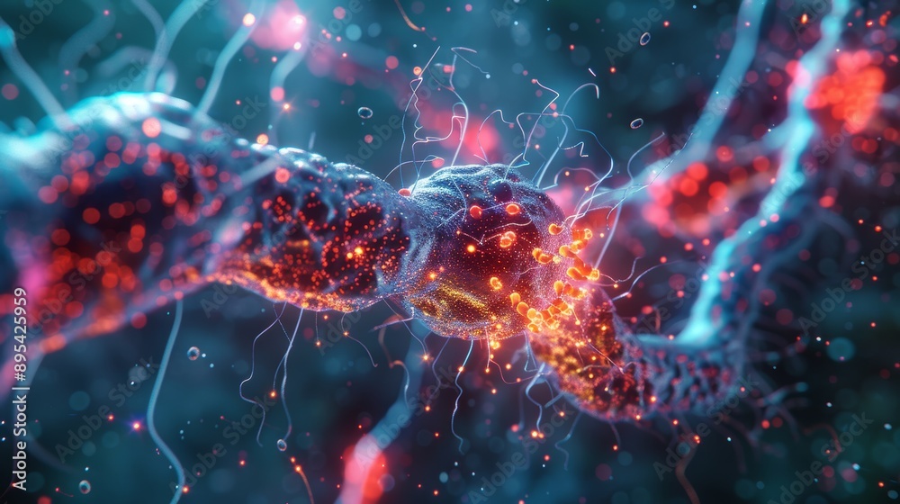 A 3D illustration of a synapse, highlighting the synaptic vesicles containing neurotransmitters and the receptor sites on the postsynaptic membrane, illustrating the process of neu A 3D illustration of a synapse, highlighting the synaptic vesicles containing neurotransmitters and the receptor sites on the postsynaptic membrane, illustrating the process of neu