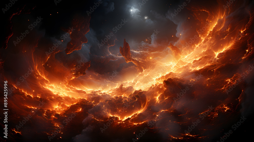 A fiery, swirling nebula of glowing gas and dust, illuminated by a distant star in the upper right corner. A stunning display of cosmic beauty and power. A fiery, swirling nebula of glowing gas and dust, illuminated by a distant star in the upper right corner. A stunning display of cosmic beauty and power.