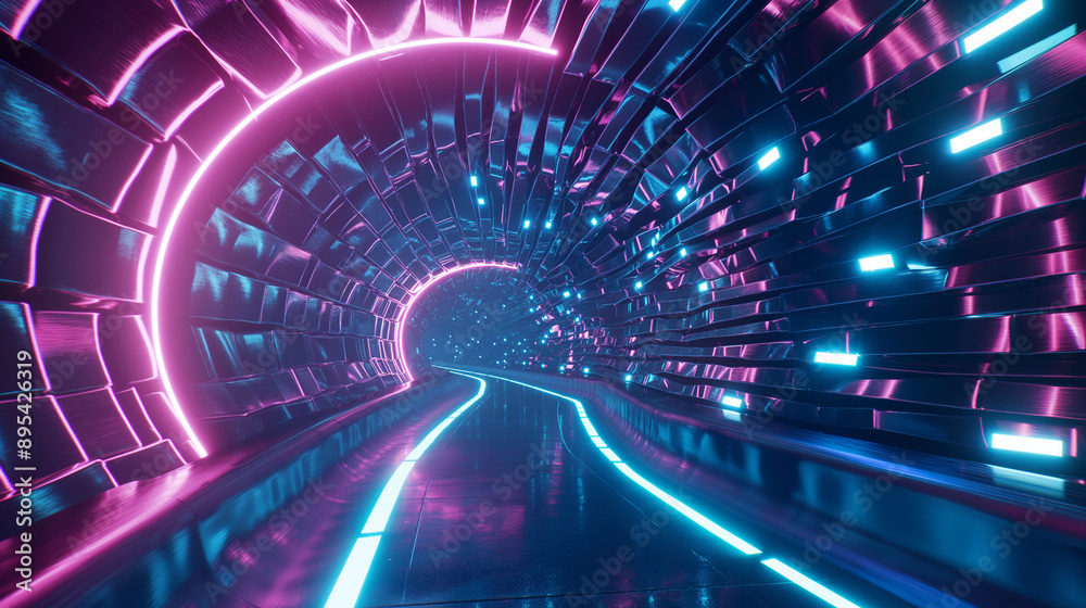 A futuristic neon-lit tunnel with geometric shapes in pink and blue hues, creating a sci-fi atmosphere.
A futuristic neon-lit tunnel with geometric shapes in pink and blue hues, creating a sci-fi atmosphere.