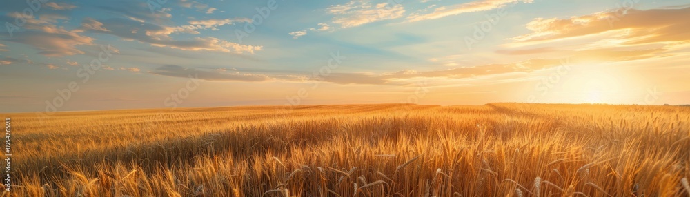 Fototapeta premium Golden wheat field at sunset with dramatic clouds and warm light.