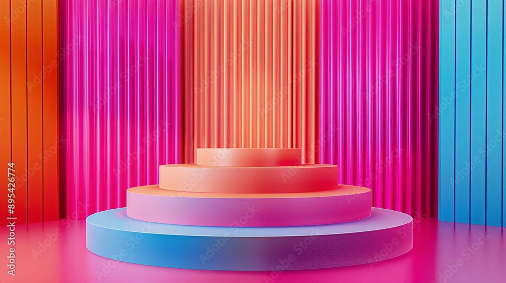 A colorful podium with steps against a vibrant background of pink, orange, and blue vertical panels.
A colorful podium with steps against a vibrant background of pink, orange, and blue vertical panels.