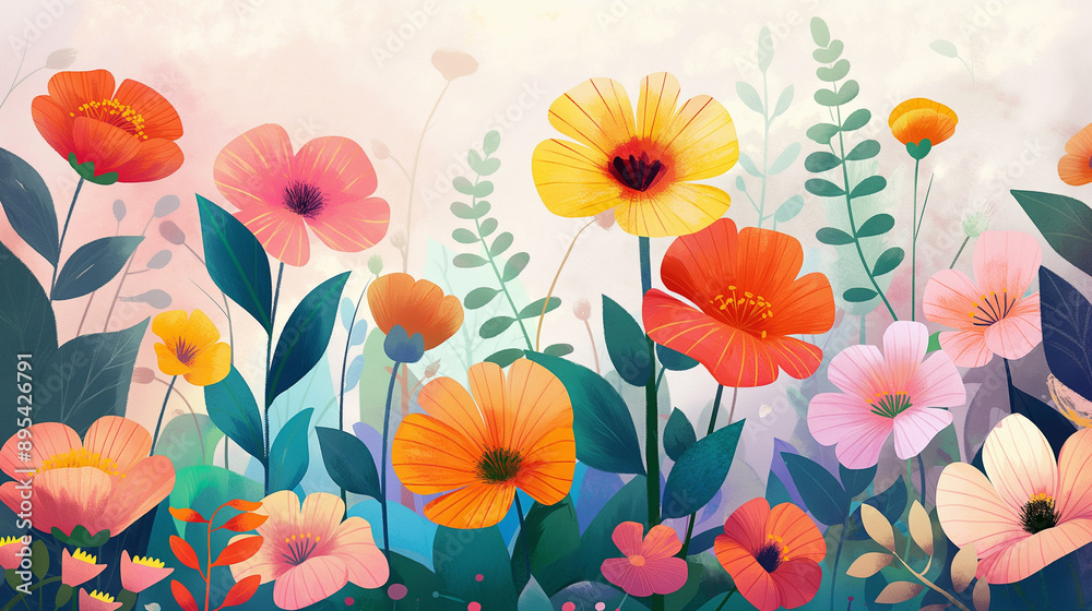 An artistic floral painting with various shades of red, orange, and green flowers on a light background.
An artistic floral painting with various shades of red, orange, and green flowers on a light background.