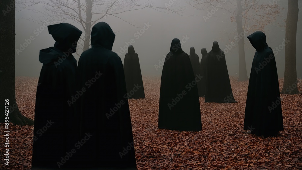 Generative AI, Secretive Ritual Gathering, Hooded Figures in a Misty Forest with Fallen Leaves on the Ground Generative AI, Secretive Ritual Gathering, Hooded Figures in a Misty Forest with Fallen Leaves on the Ground