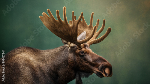 Moose with large antlers in front of a green background. photo