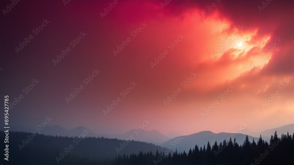 Generative AI, Mysterious Sunrise in a Quiet Forest under a Red Sky Generative AI, Mysterious Sunrise in a Quiet Forest under a Red Sky
