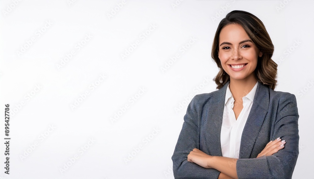 Confident businesswoman in a gray blazer with arms crossed, smiling against a neutral background, embodying professionalism. Confident businesswoman in a gray blazer with arms crossed, smiling against a neutral background, embodying professionalism.