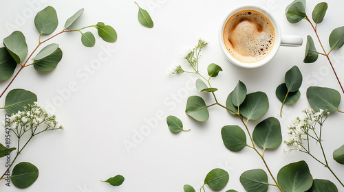 Cup of tea surrounded by eucalyptus leaves on a white background. photo