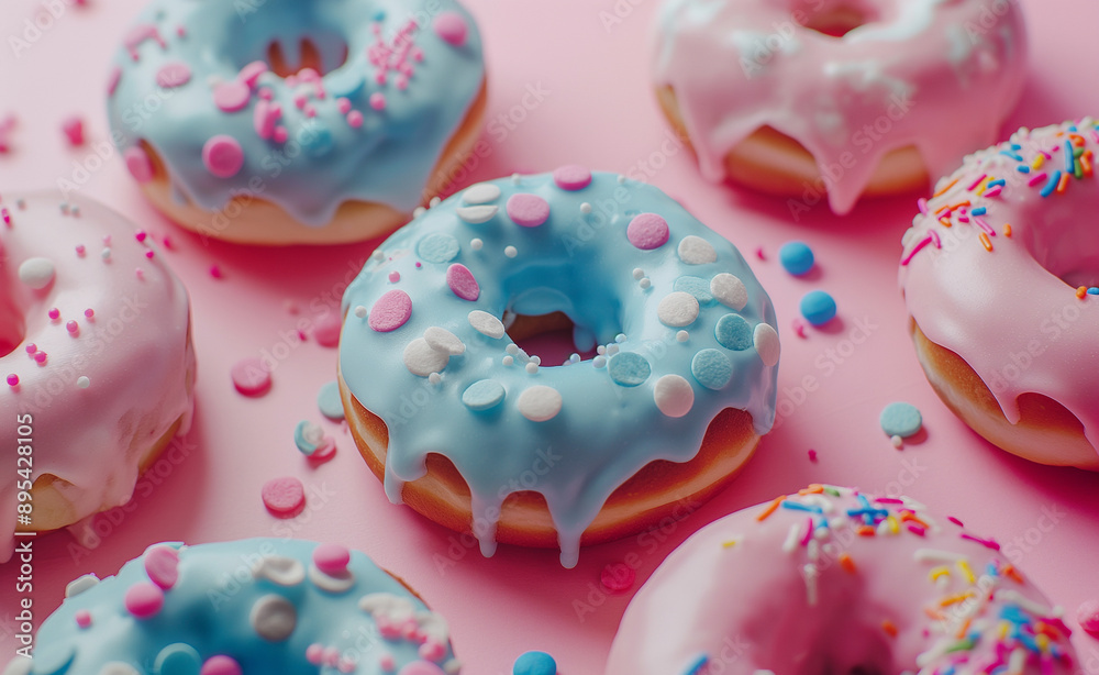 Pastel-colored donuts with sprinkles on a pink background. Pastel-colored donuts with sprinkles on a pink background.