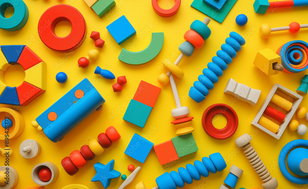 Various colorful geometric shapes and toys on a yellow background. Various colorful geometric shapes and toys on a yellow background.