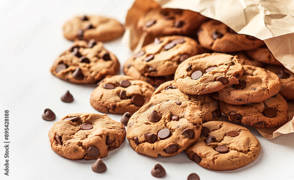 Chocolate chip cookies spilling out of a brown paper bag. Chocolate chip cookies spilling out of a brown paper bag.