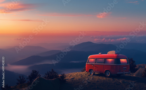 A red camper van parked on a scenic mountain ridge at sunrise.