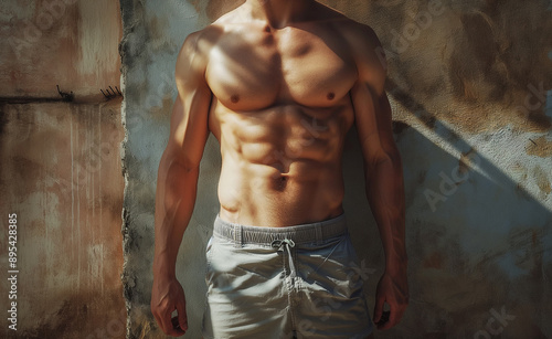 A fit, muscular man with a defined six-pack posing shirtless against a textured wall.