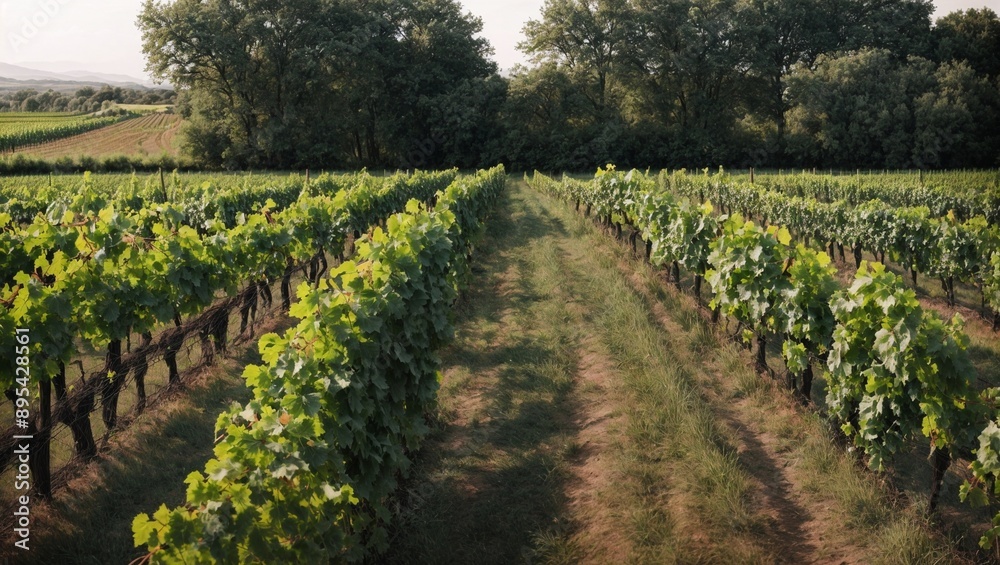 Obraz premium Vineyard Rows in the Golden Hour: A picturesque view of a vineyard's lush, verdant rows, bathed in the warm glow of the setting sun. The scene evokes a sense of tranquility and the promise of a bount