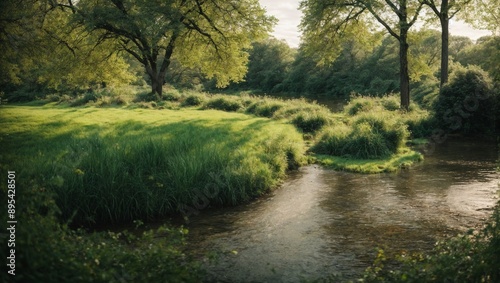 Serene Stream at Sunset: Lush green meadow bathed in golden light, a gentle stream reflecting the sky, a peaceful and idyllic nature scene. 