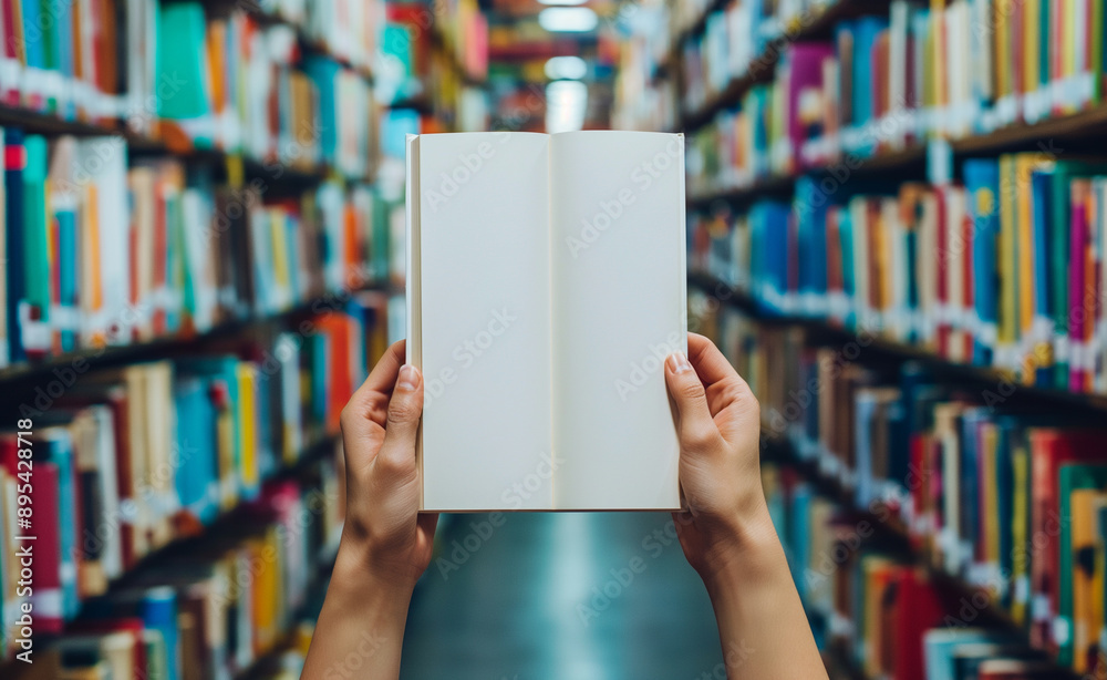 Person holding an open blank book in the middle of a colorful library aisle. Person holding an open blank book in the middle of a colorful library aisle.