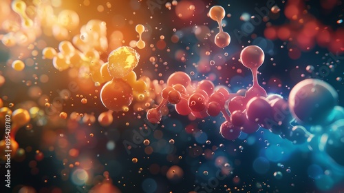 An artistic representation of a chemical reaction, with colorful molecules and catalysts interacting dynamically, set against a dark background to emphasize the process.
